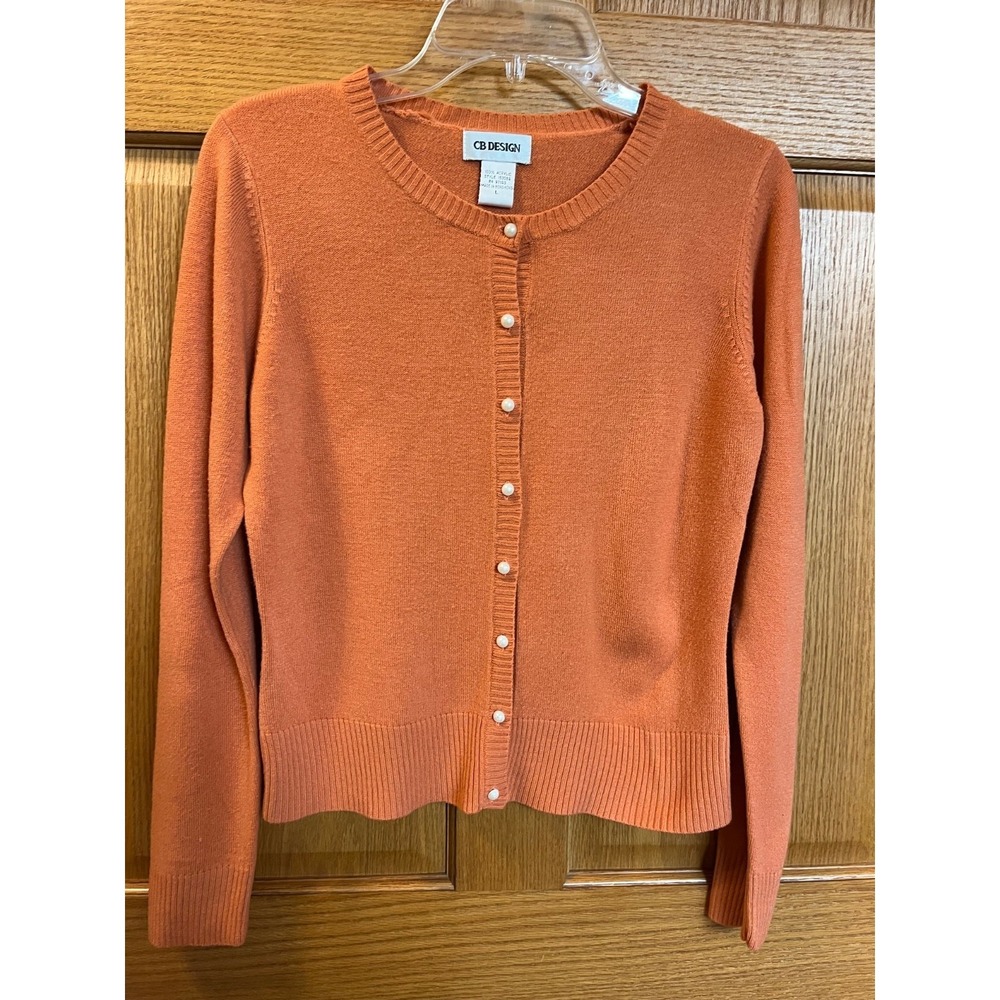 CB DESIGN Vintage Peach Knit Button Cardigan Sweater Pearl Button Long Sleeve L